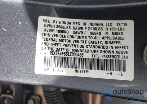 2020 Honda Insight Ex from USA, damaged, VIN 19XZE4F55LE005466